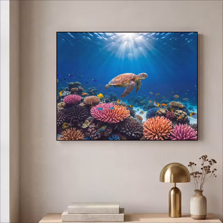 Schildpad - Koraalrif - Oceaan - Dieren - Blauw Textielframe zwart klein -sfeer2