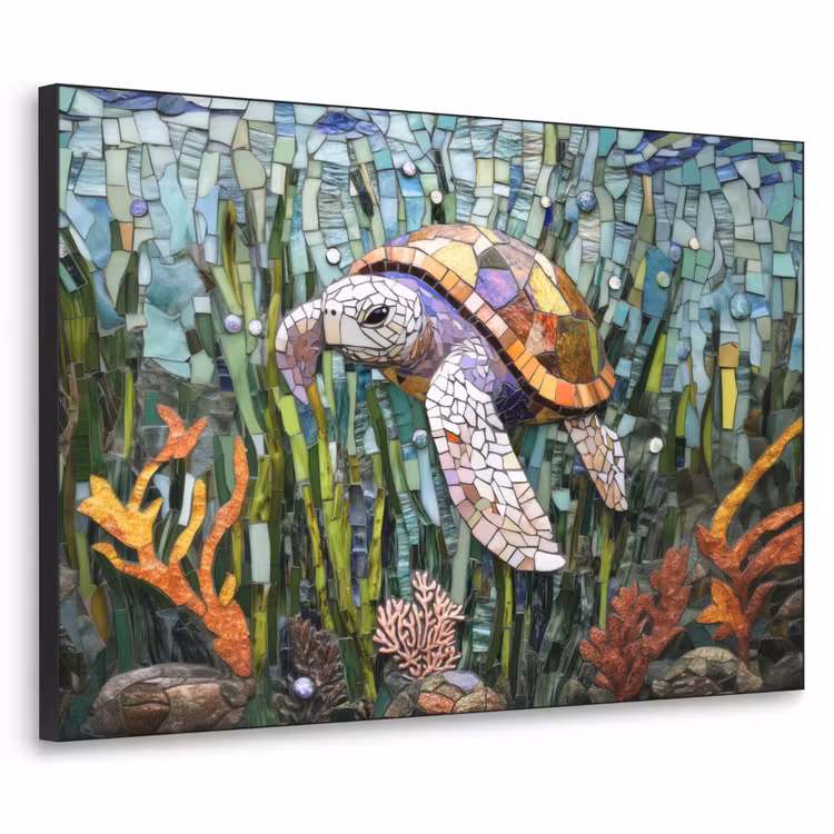Schildpad - Zeewier - Mozaïek Textielframe - compleet frame klein -3d