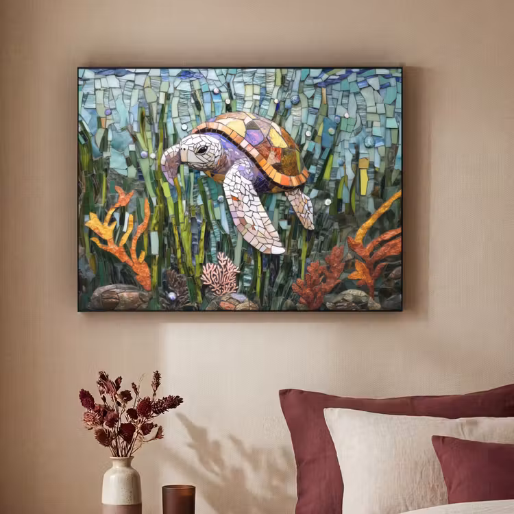 Schildpad - Zeewier - Mozaïek Textielframe zwart klein -sfeer1