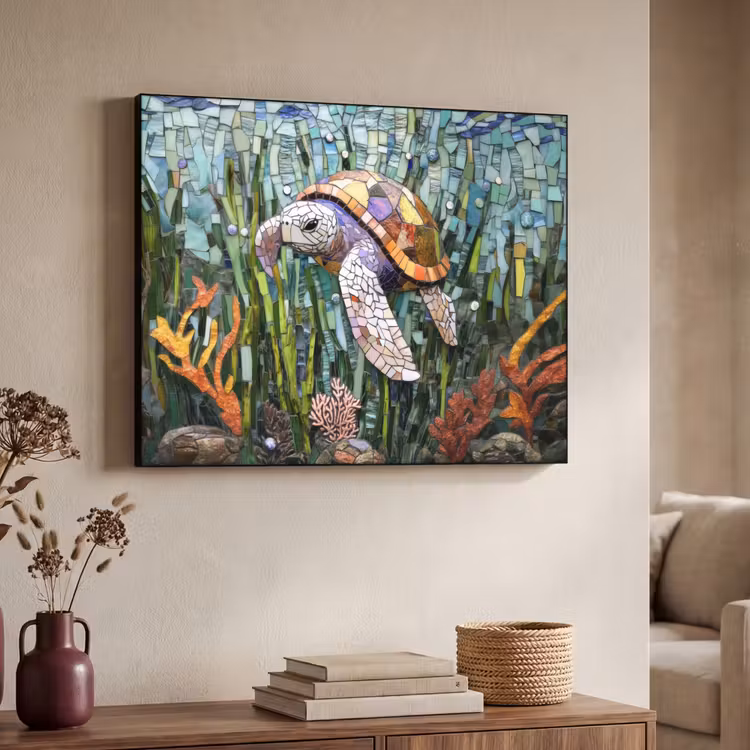 Schildpad - Zeewier - Mozaïek Textielframe zwart klein -sfeer3