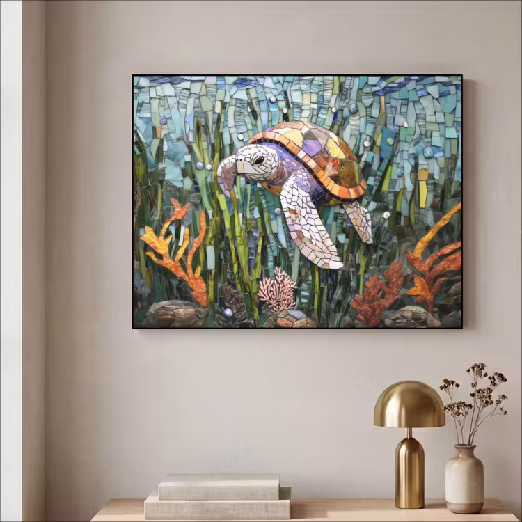 Schildpad - Zeewier - Mozaïek Textielframe zwart klein -sfeer2