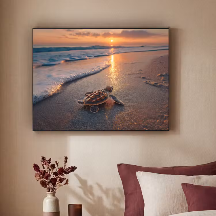Schildpad - strand - Zonsondergang Textielframe zwart klein -sfeer1