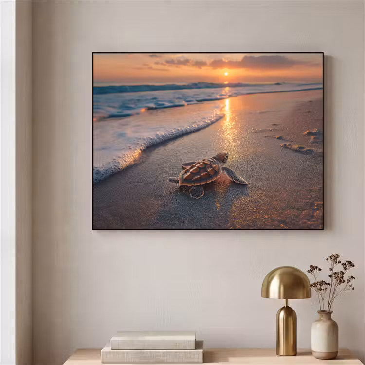 Schildpad - strand - Zonsondergang Textielframe zwart klein -sfeer2