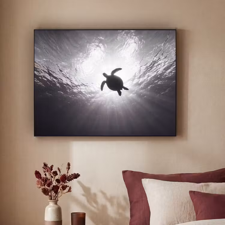 Schildpad - Onderwater - Lichtstralen - Oceaan - Zwart-wit Textielframe zwart klein -sfeer1