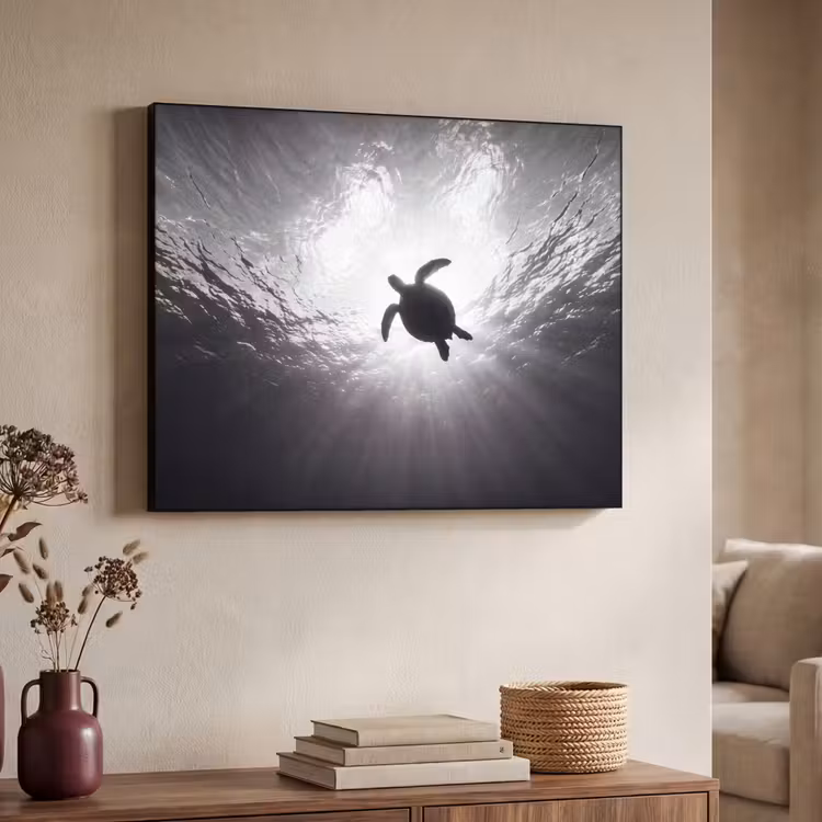 Schildpad - Onderwater - Lichtstralen - Oceaan - Zwart-wit Textielframe zwart klein -sfeer3