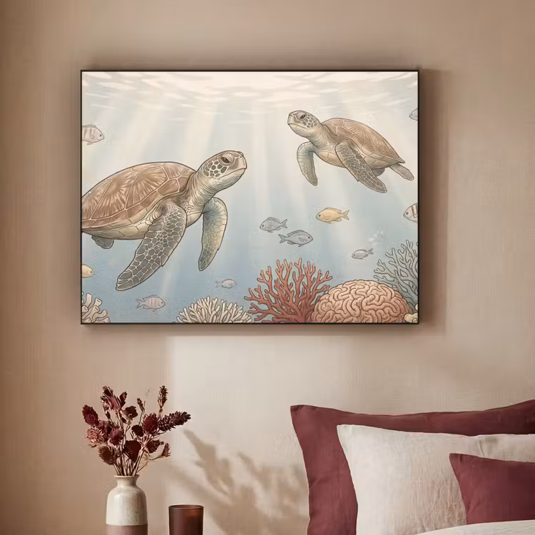 Schildpad - Onderwater - Natuur - Illustratie Textielframe zwart klein -sfeer1