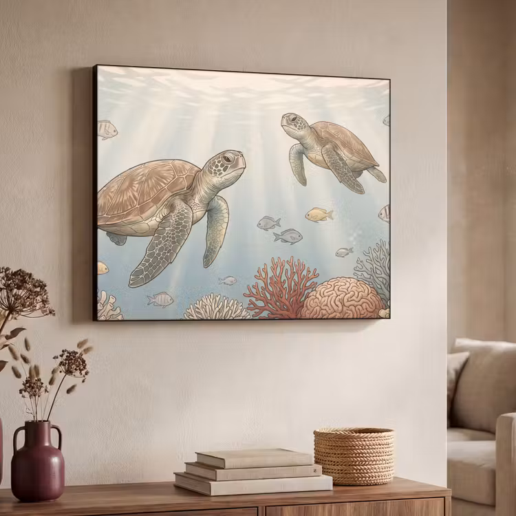 Schildpad - Onderwater - Natuur - Illustratie Textielframe zwart klein -sfeer3