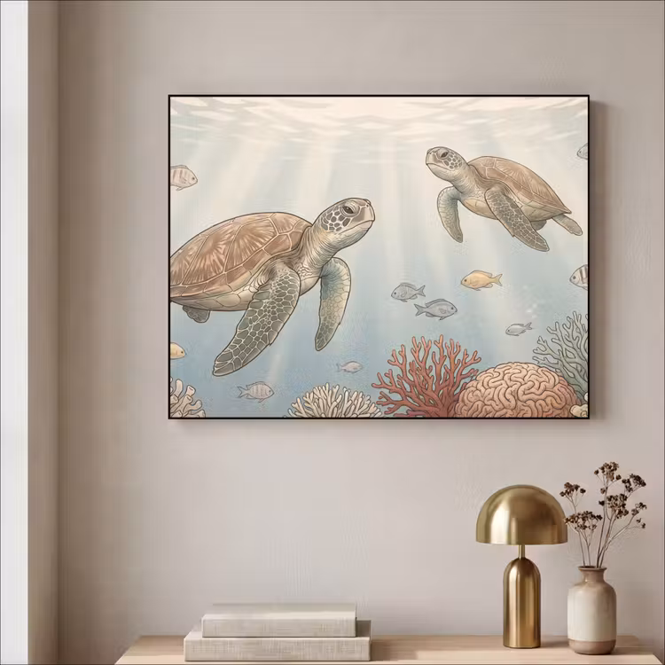 Schildpad - Onderwater - Natuur - Illustratie Textielframe zwart klein -sfeer2