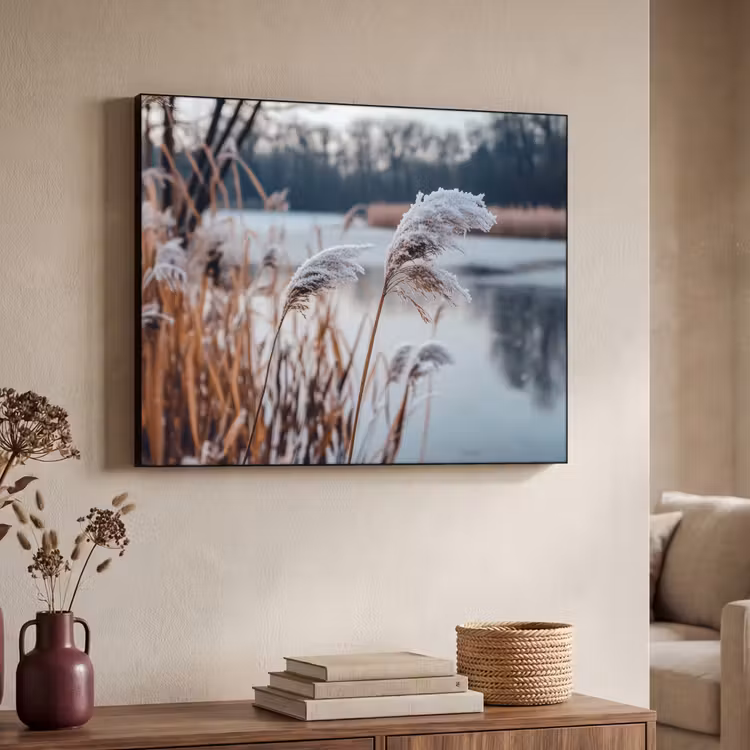 Riet - Gras - Natuur - Winter - Meer Textielframe zwart klein -sfeer3