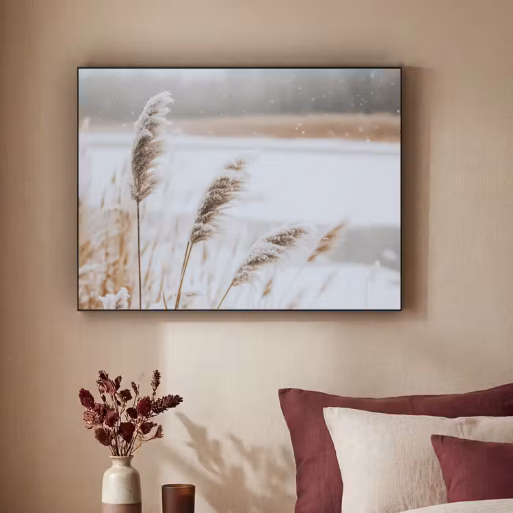 Riet - Meer - Winter - Natuur - Sneeuw - Beige Textielframe - compleet frame klein -sfeer1
