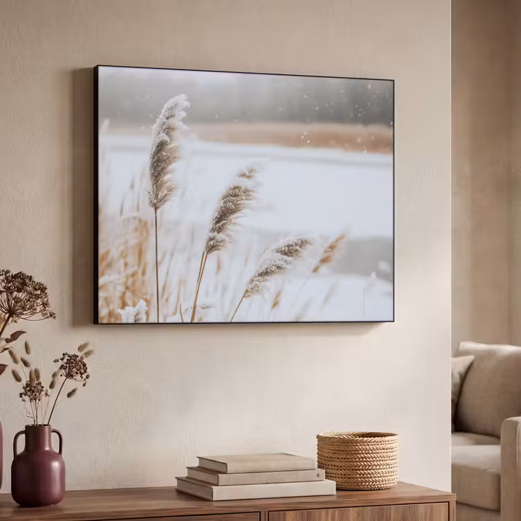 Riet - Meer - Winter - Natuur - Sneeuw - Beige Textielframe - compleet frame klein -sfeer3