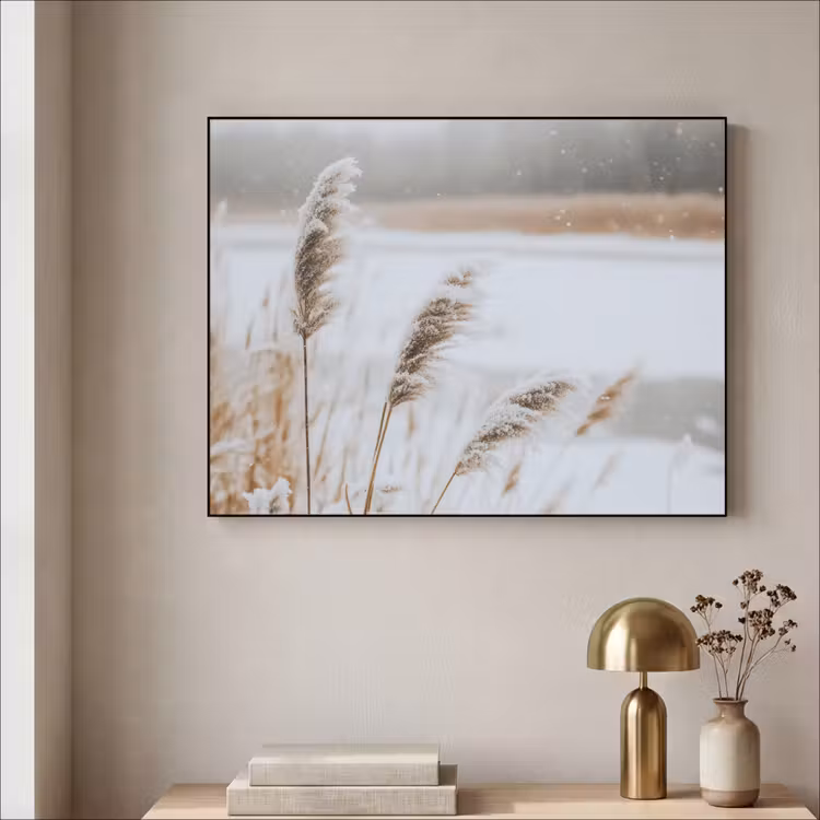 Riet - Meer - Winter - Natuur - Sneeuw - Beige Textielframe - compleet frame klein -sfeer2