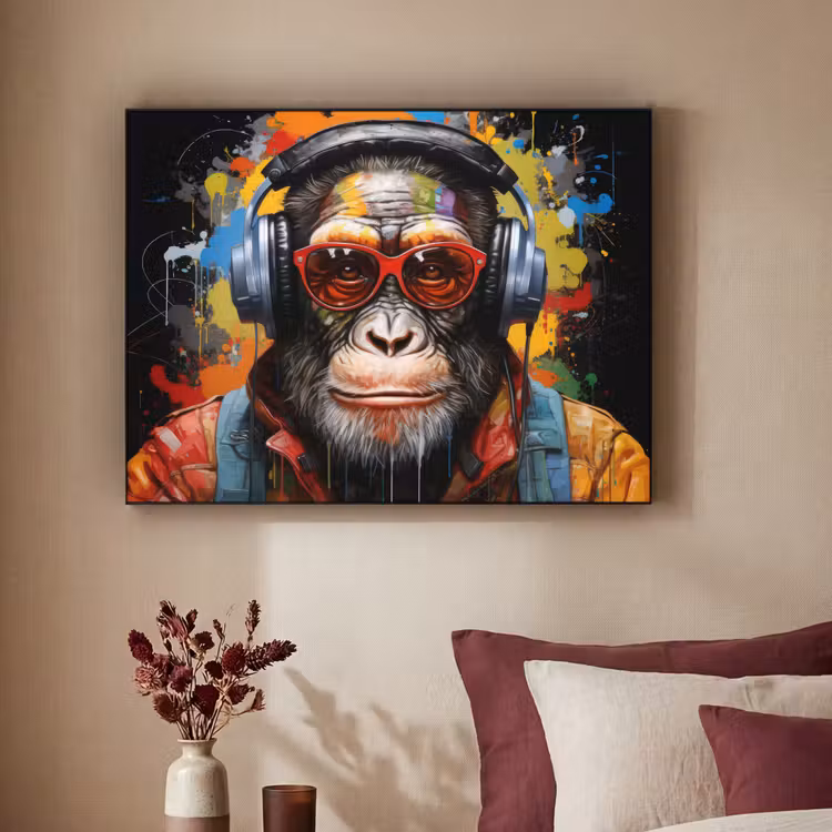 Chimpansee - Aap - dieren - Graffiti - Bril - Koptelefoon - Kleuren Textielframe zwart klein -sfeer1