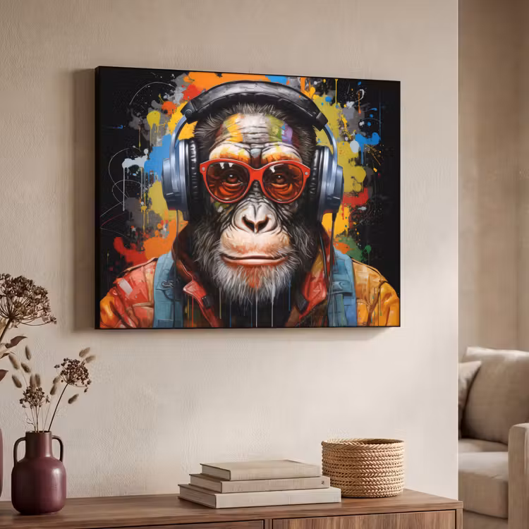 Chimpansee - Aap - dieren - Graffiti - Bril - Koptelefoon - Kleuren Textielframe zwart klein -sfeer3