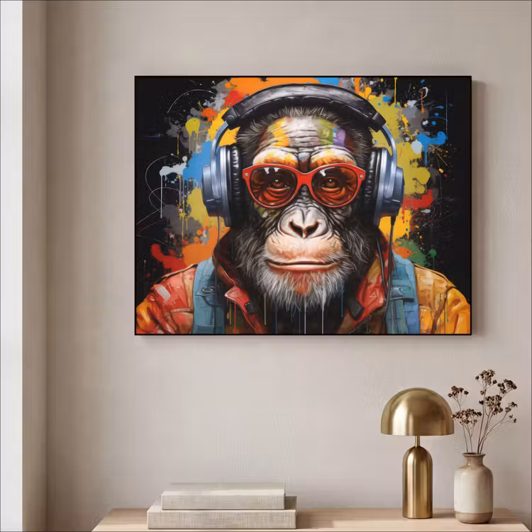 Chimpansee - Aap - dieren - Graffiti - Bril - Koptelefoon - Kleuren Textielframe zwart klein -sfeer2