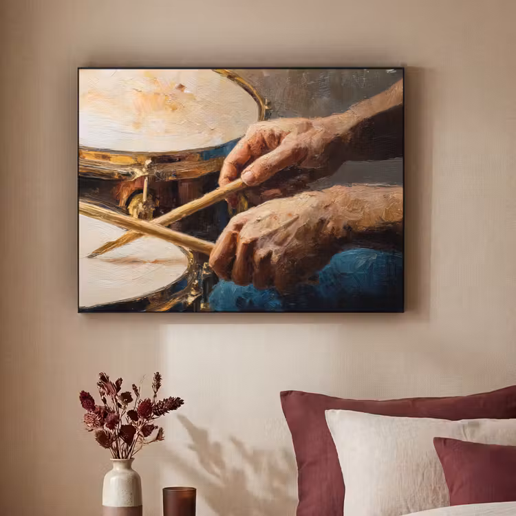 Drumstokken - Olieverf - Man Textielframe - compleet frame klein -sfeer1