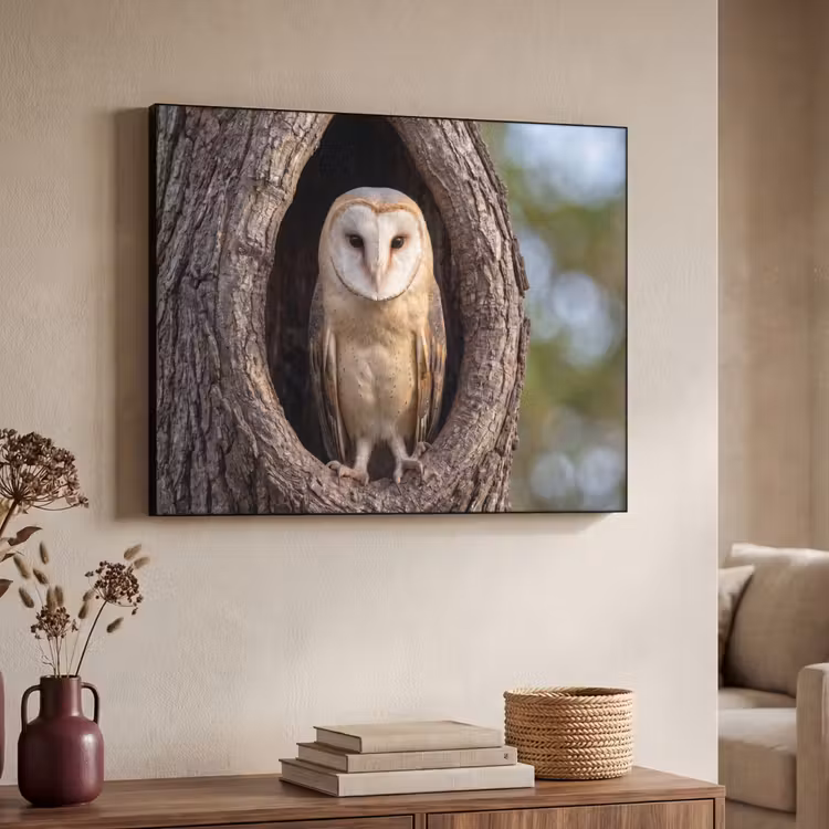 Kerkuil - Boom - Natuur - Bruin Textielframe zwart klein -sfeer3