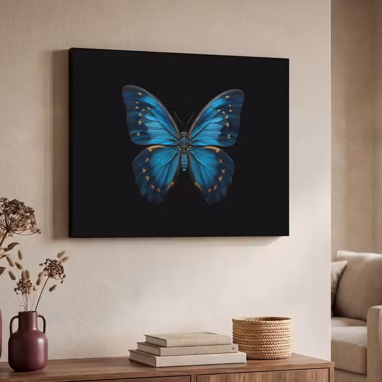 Vlinder - Blauw - Contrast Textielframe zwart klein -sfeer3