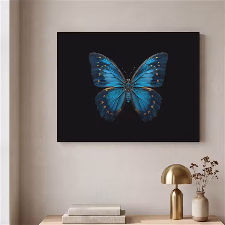 Vlinder - Blauw - Contrast Textielframe zwart klein -sfeer2