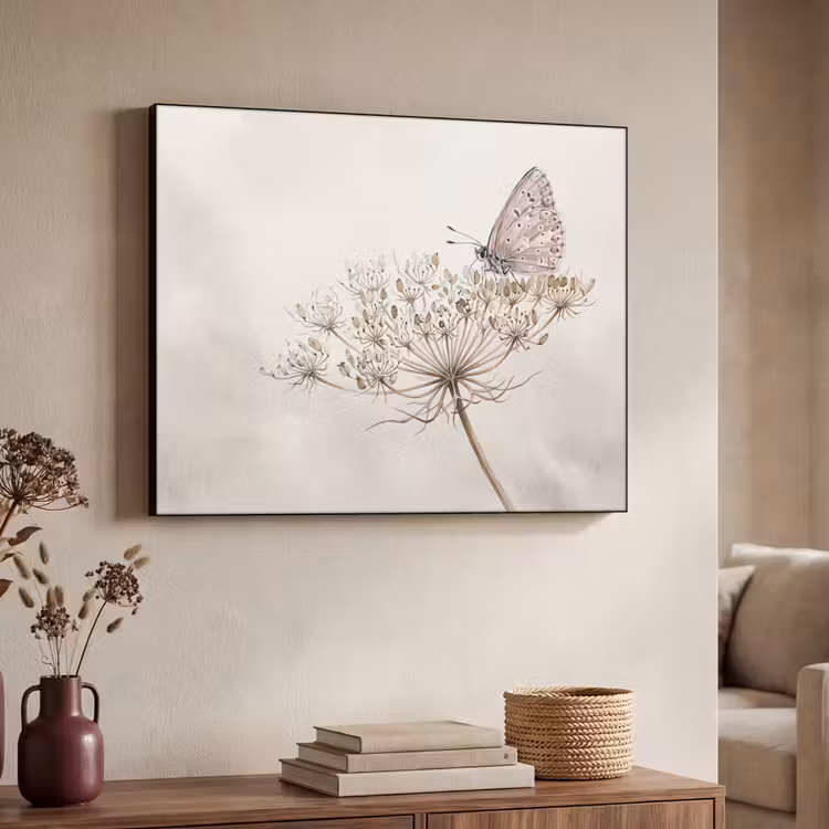 Vlinder - Bloem -Natuur - Beige Textielframe zwart klein -sfeer3