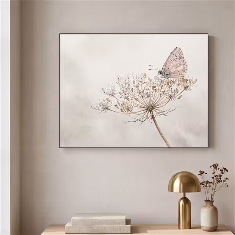 Vlinder - Bloem -Natuur - Beige Textielframe zwart klein -sfeer2