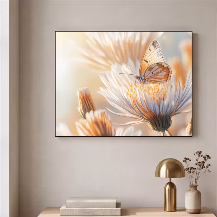 Vlinder - Bloem - Oranje Textielframe - compleet frame klein -sfeer2
