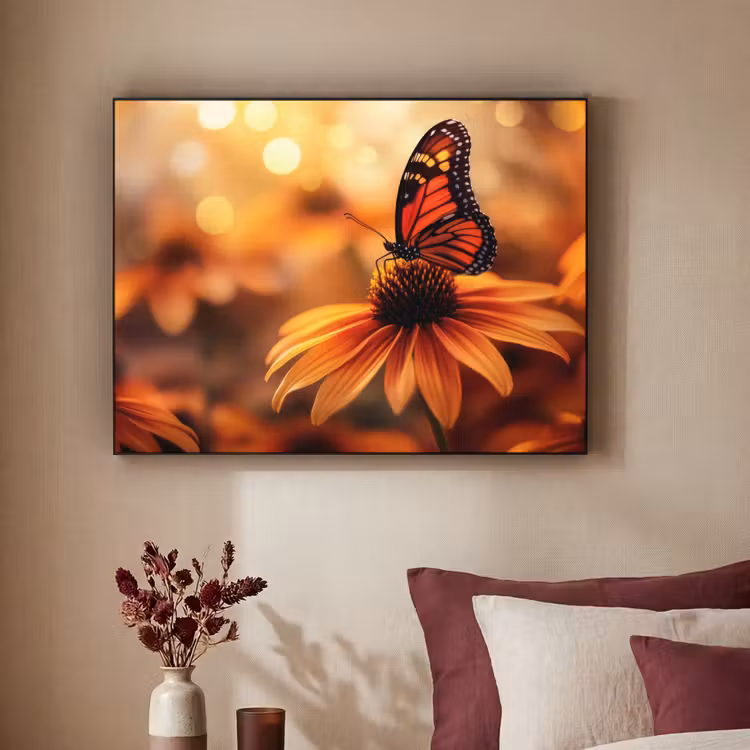 Vlinder - Bloemen - Oranje Textielframe - compleet frame klein -sfeer1