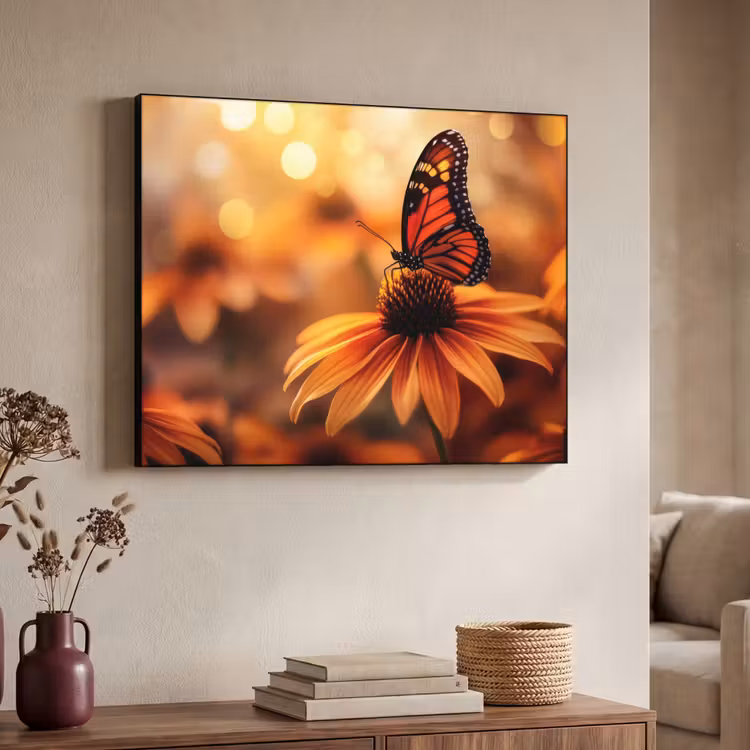Vlinder - Bloemen - Oranje Textielframe - compleet frame klein -sfeer3
