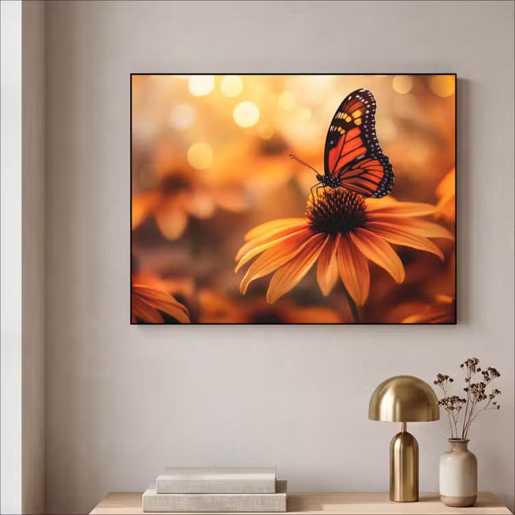 Vlinder - Bloemen - Oranje Textielframe - compleet frame klein -sfeer2