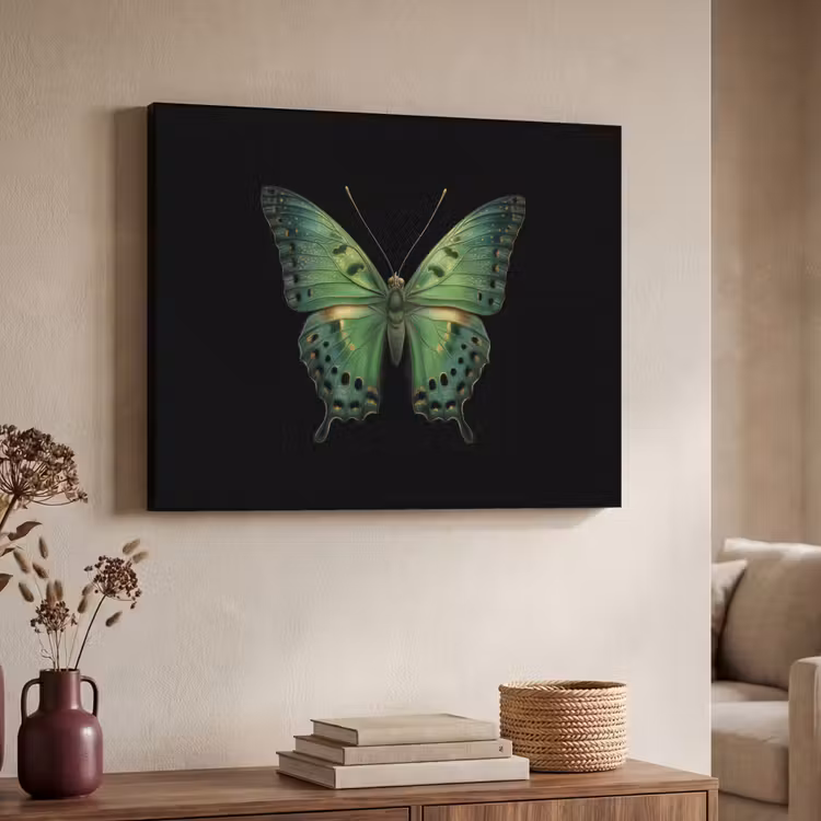 Vlinder - Groen - Diepte Textielframe zwart klein -sfeer3