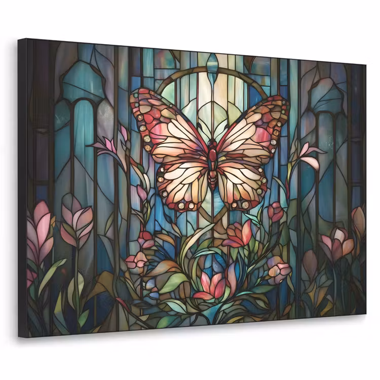 Vlinder - Roze - Bloemen - Bladeren Textielframe zwart klein -3d