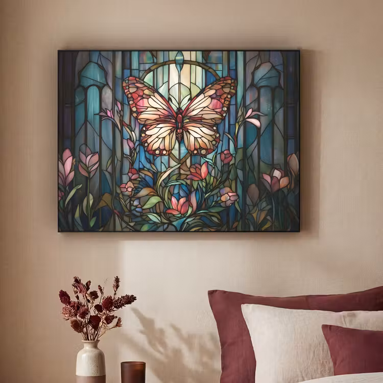 Vlinder - Roze - Bloemen - Bladeren Textielframe zwart klein -sfeer1