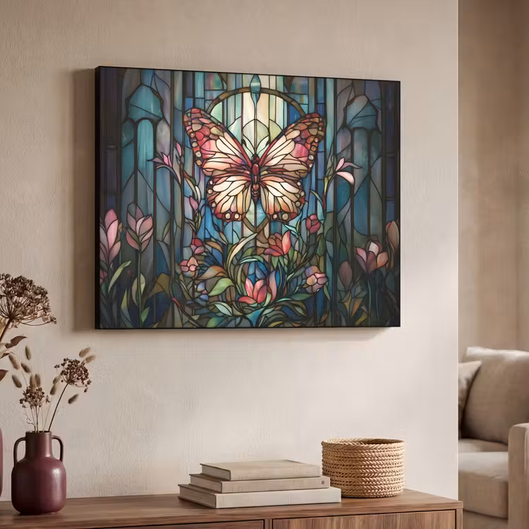 Vlinder - Roze - Bloemen - Bladeren Textielframe zwart klein -sfeer3