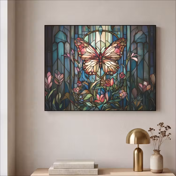 Vlinder - Roze - Bloemen - Bladeren Textielframe zwart klein -sfeer2