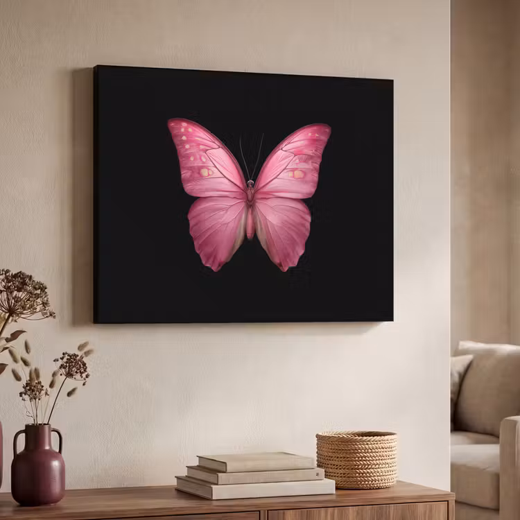 Vlinder - roze - Elegant Textielframe zwart klein -sfeer3