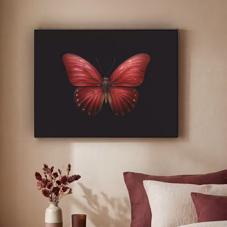 Vlinder - Rood - Minimalistisch Textielframe zwart klein -sfeer1