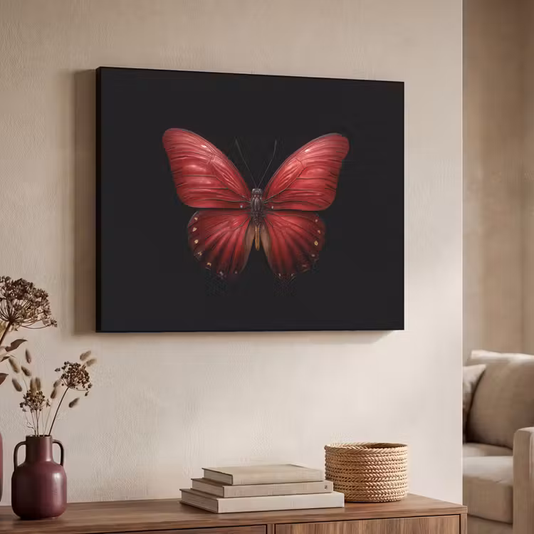 Vlinder - Rood - Minimalistisch Textielframe zwart klein -sfeer3