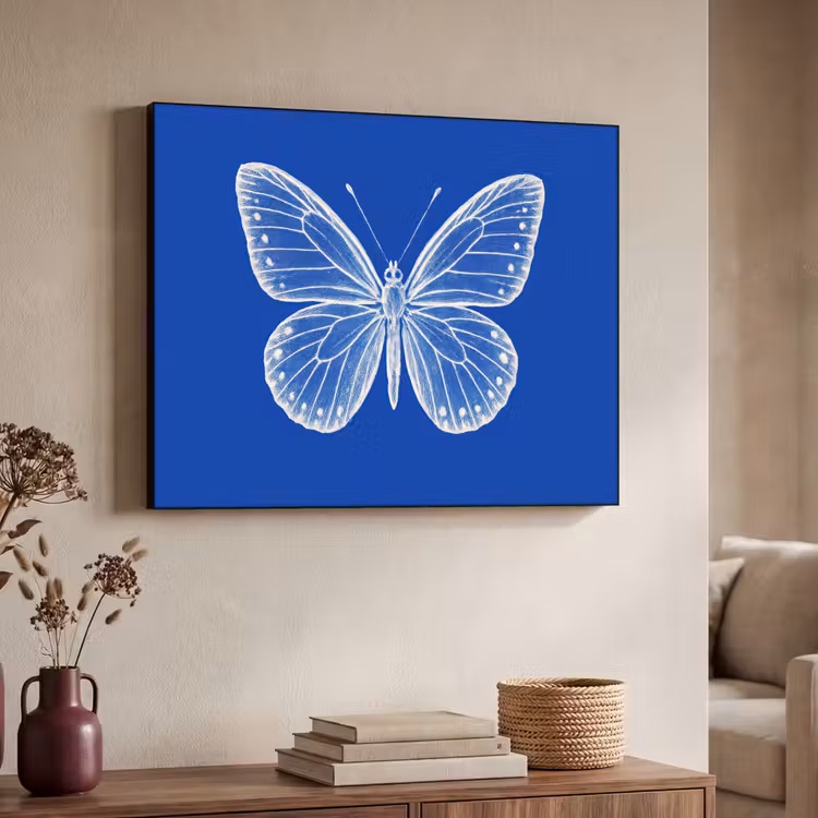 Vlinder - Wit - Getekend - Stippen Textielframe - compleet frame klein -sfeer3