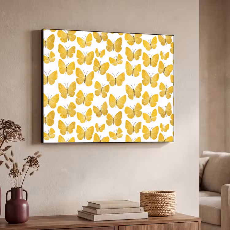 Vlinders - Botanisch - Illustratie - Geel - Wit Textielframe zwart klein 947 -sfeer3