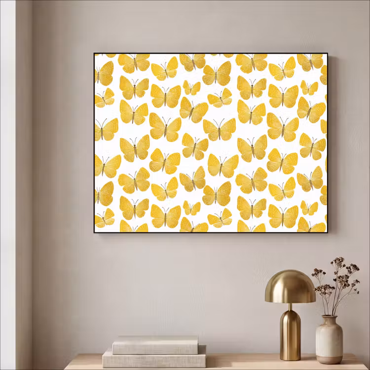 Vlinders - Botanisch - Illustratie - Geel - Wit Textielframe zwart klein 947 -sfeer2