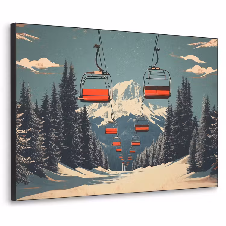 Sneeuw - Skilift - Rood - Bomen Textielframe - compleet frame klein -3d