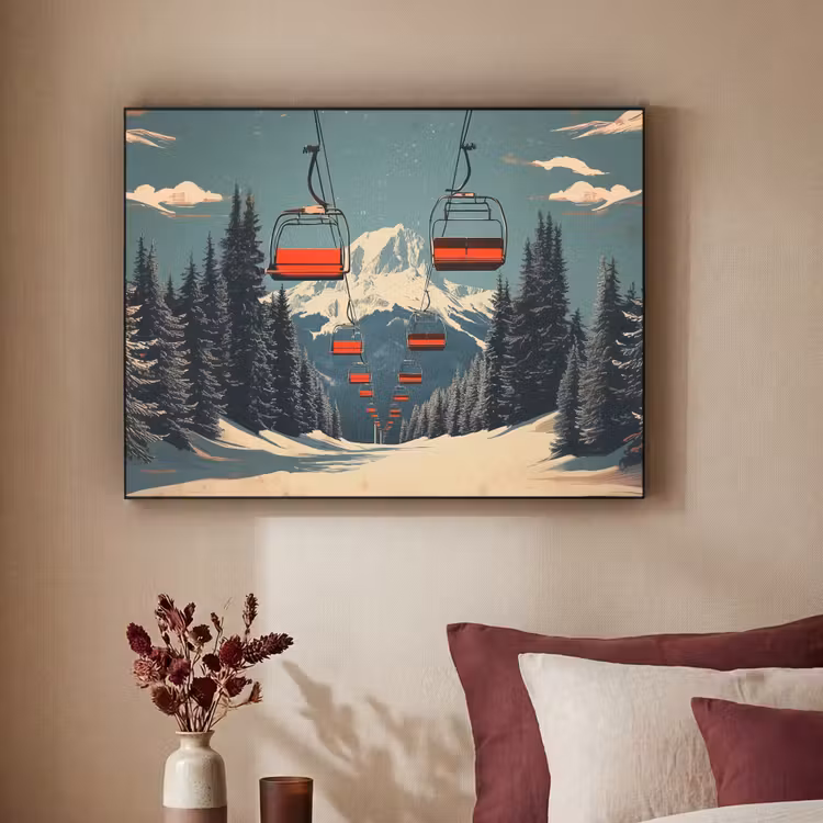 Sneeuw - Skilift - Rood - Bomen Textielframe - compleet frame klein -sfeer1