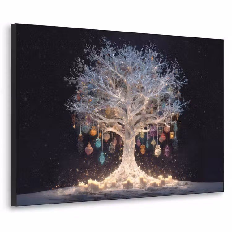 Sneeuwboom - Lichtjes - Wit - Kleurrijk Textielframe zwart klein -3d