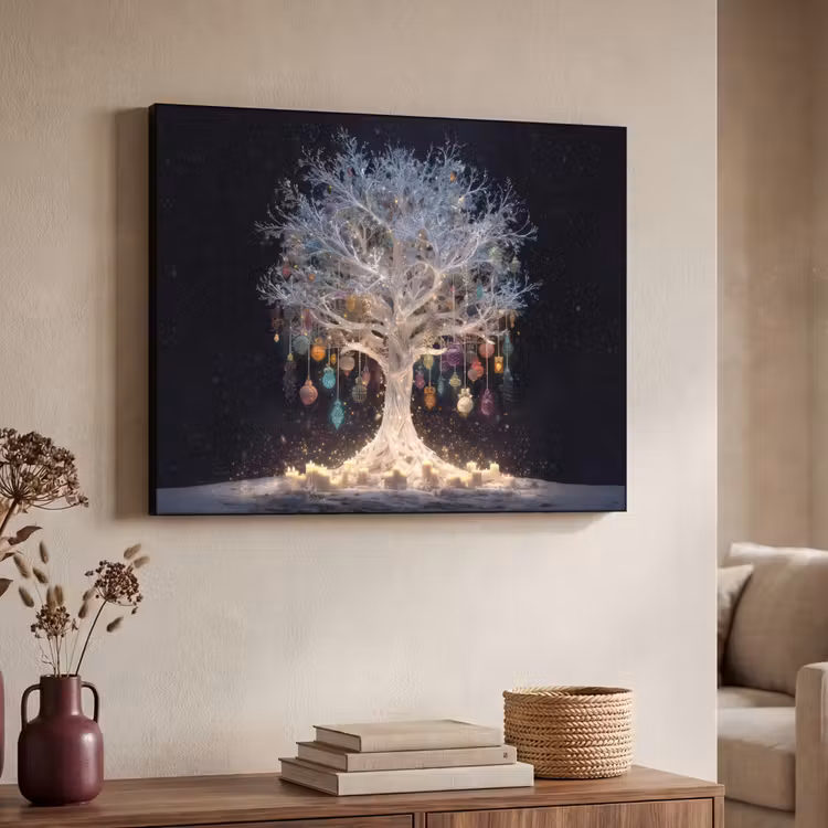 Sneeuwboom - Lichtjes - Wit - Kleurrijk Textielframe zwart klein -sfeer3