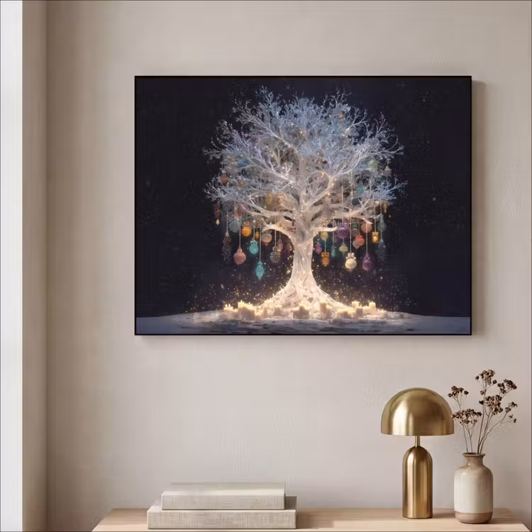 Sneeuwboom - Lichtjes - Wit - Kleurrijk Textielframe zwart klein -sfeer2