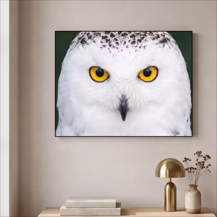 Sneeuwuil - Portret - Geel Textielframe zwart klein -sfeer2