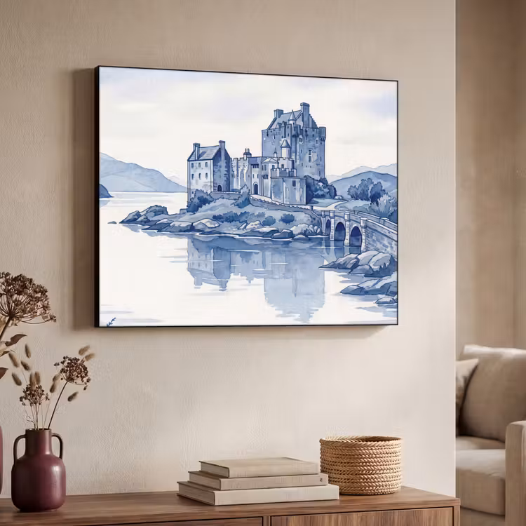 Art Frame - Schottisch - Schloss - Blau - Aquarell - Schots - Kasteel - Blauw - Aquarel Textielframe zwart klein