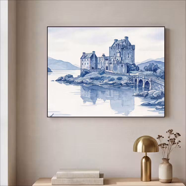 Art Frame - Schottisch - Schloss - Blau - Aquarell - Schots - Kasteel - Blauw - Aquarel Textielframe zwart klein