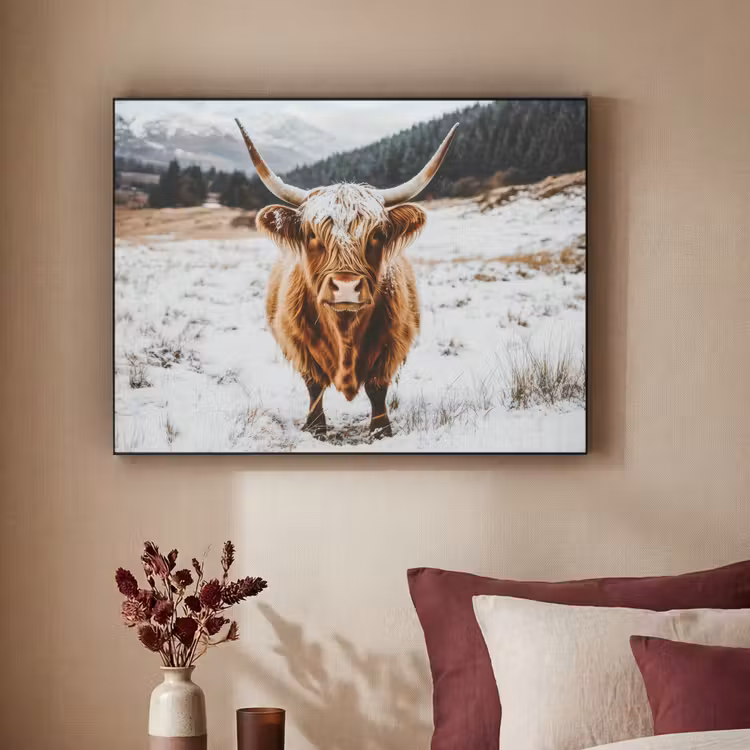 Schotse Hooglander - Landschap - Sneeuw - Bergen - Winter Textielframe zwart klein -sfeer1