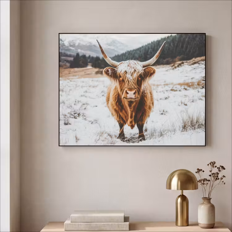 Schotse Hooglander - Landschap - Sneeuw - Bergen - Winter Textielframe zwart klein -sfeer2